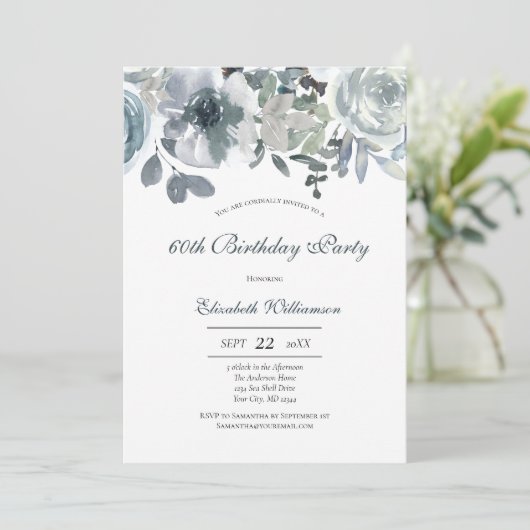 Blauw Groen Grijs Bloemen Waterverf Verjaardag voo Kaart (Staand voorkant)