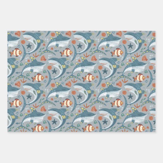Blauw Groen Grijs Haaien Jongens Verjaardagsfeest Inpakpapier Vel (Voorkant 2)