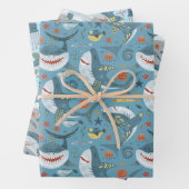 Blauw Groen Grijs Haaien Jongens Verjaardagsfeest Inpakpapier Vel (In situ)