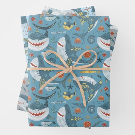 Blauw Groen Grijs Haaien Jongens Verjaardagsfeest Inpakpapier Vel (In situ)