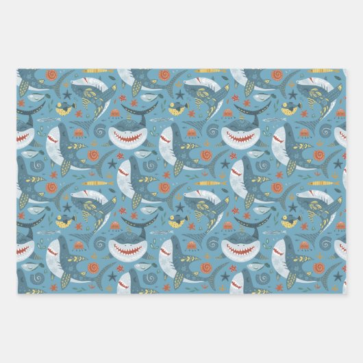 Blauw Groen Grijs Haaien Jongens Verjaardagsfeest Inpakpapier Vel (Voorkant)