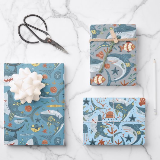 Blauw Groen Grijs Haaien Jongens Verjaardagsfeest Inpakpapier Vel (Voorkant)