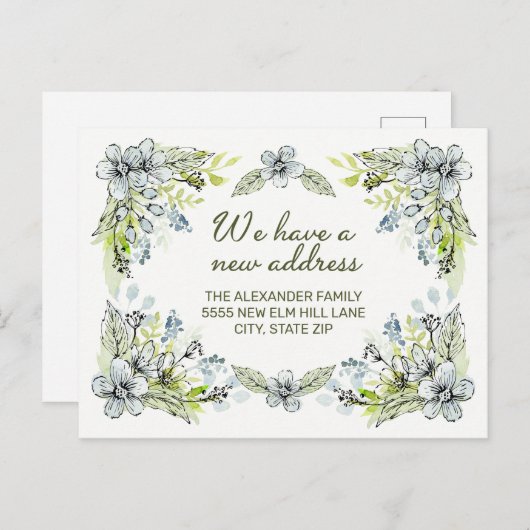 Blauw groen handgeschreven bloemen Nieuw adres Aankondigingskaart (Voorkant / Achterkant)