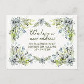 Blauw groen handgeschreven bloemen Nieuw adres Aankondigingskaart (Voorkant)