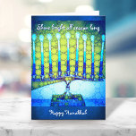 Blauw Groen Hanukkah Menorah Shine Bright Quote Feestdagen Kaart<br><div class="desc">"Schijn helder het hele seizoen. Gelukkige Chanoeka." Een close-up foto illustratie van een heldere, kleurrijke, blauwgroen blauw groene artsy menorah helpt u de vakantie van Chanoeka in te luiden. Voel de warmte en vreugde van het vakantieseizoen wanneer u dit prachtige, kleurrijke Chanoeka-wenskaart verzendt. Personaliseer aan de binnenkant met uw gedrukte...</div>
