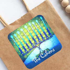 Blauw Groen Hanukkah Menorah Voeg Jouw naam Script Vierkante Sticker