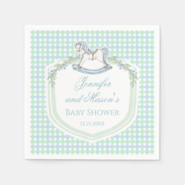 Blauw groen houten paard gingham baby boy douche servet