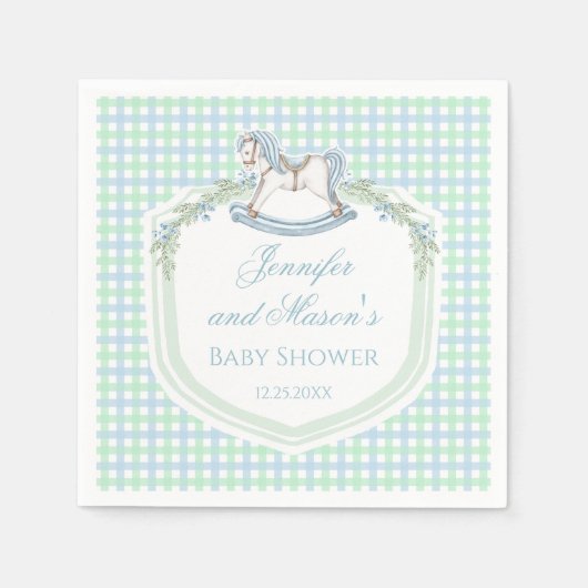 Blauw groen houten paard gingham baby boy douche servet (Voorkant)