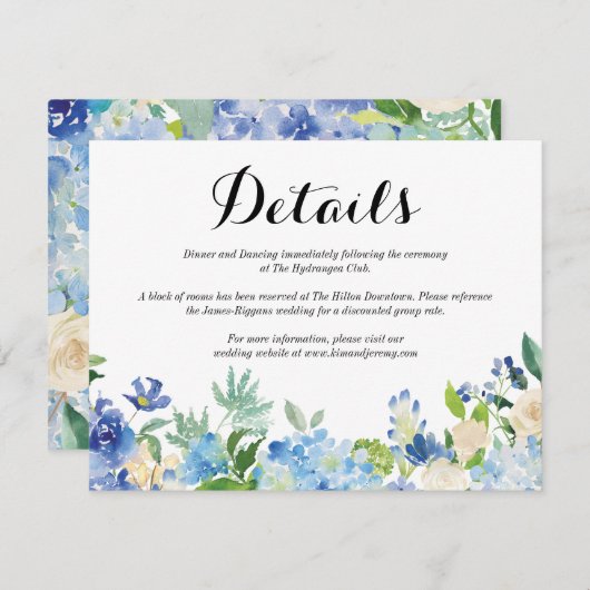 Blauw Groen Hydrangea Bloem Bruiloft Details Kaart (Voorkant / Achterkant)