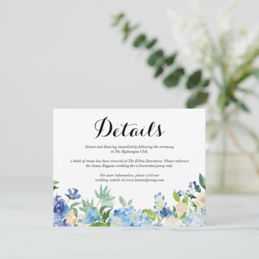Blauw Groen Hydrangea Bloem Bruiloft Details Kaart (Staand voorkant)
