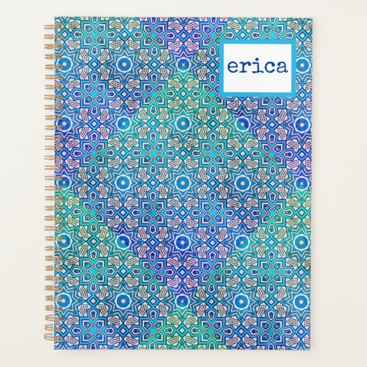 Blauw Groen Kaleidoscoop Patroon Boho Naam Planner (Voorkant)
