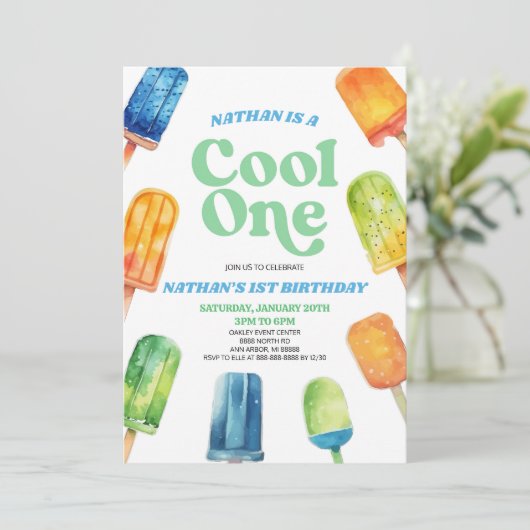 Blauw Groen Koel Één Popsicle 1e Verjaardagsfeestj Kaart (Staand voorkant)