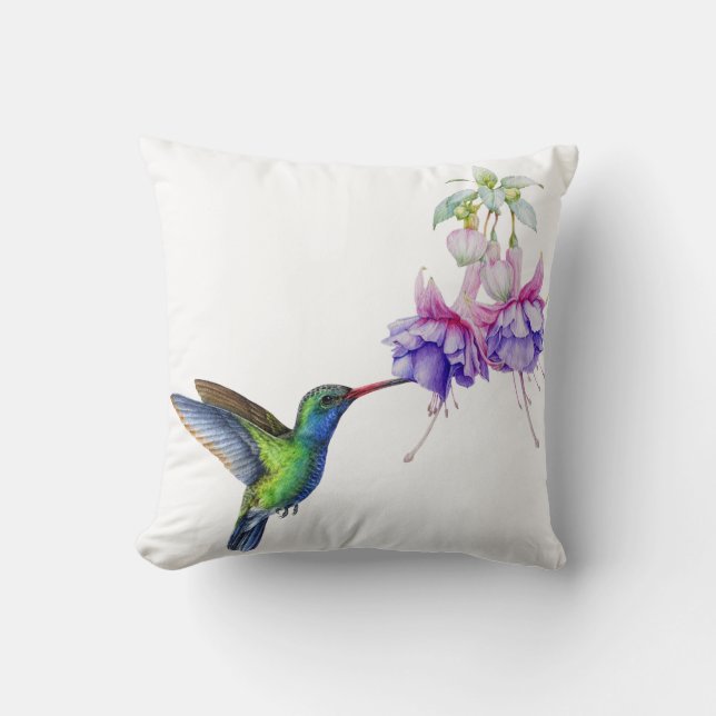 Blauw Groen Kolibrie met Paarse Bloemen Kussen (Voorkant)