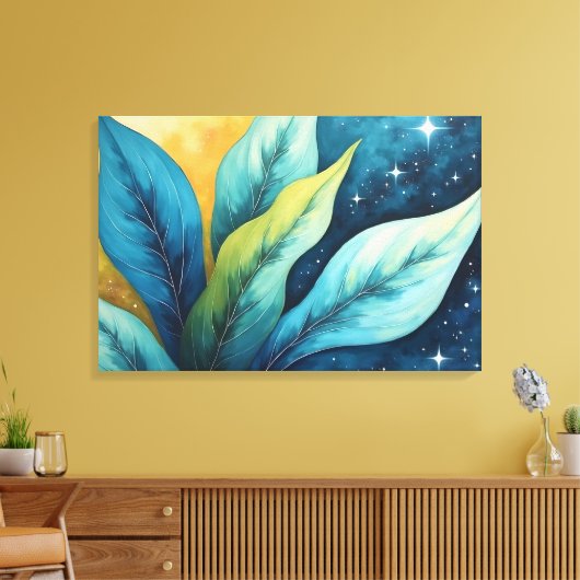 Blauw groen laat gouden zon en sterren achter canvas afdruk (Insitu (Woonkamer))