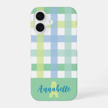 Blauw Groen Lime Pastel Gingham Patroon Monogram