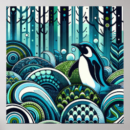 Blauw Groen Lovey Penguin Outdoor Forest Abstract Poster