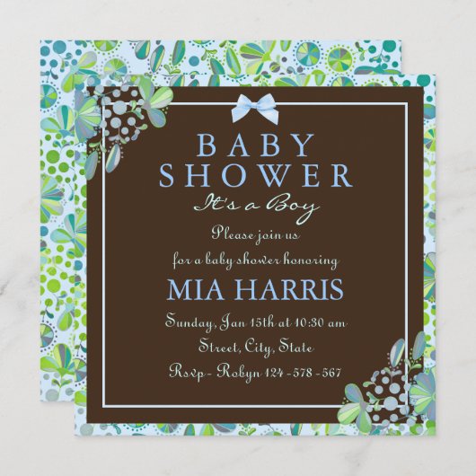 Blauw & Groen Lush Bloemen Baby shower Uitnodigen Kaart (Voorkant / Achterkant)