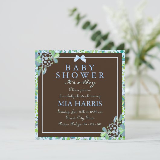 Blauw & Groen Lush Bloemen Baby shower Uitnodigen Kaart (Staand voorkant)