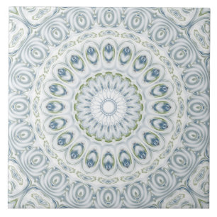 Blauw & Groen Mandala Kaleidoscoop Medaillon Bloem Tegeltje