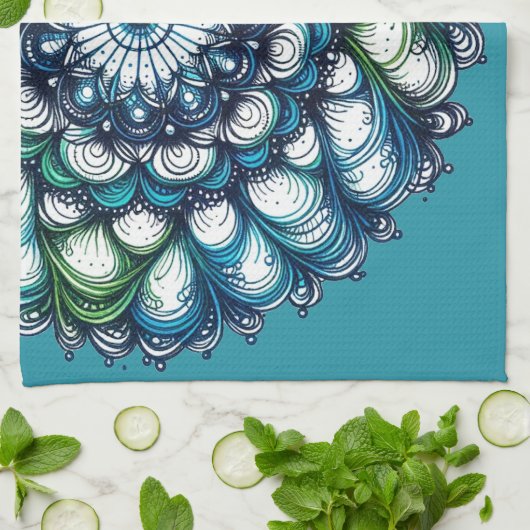 Blauw groen medaillon - Abstract Theedoek (Gevouwen)