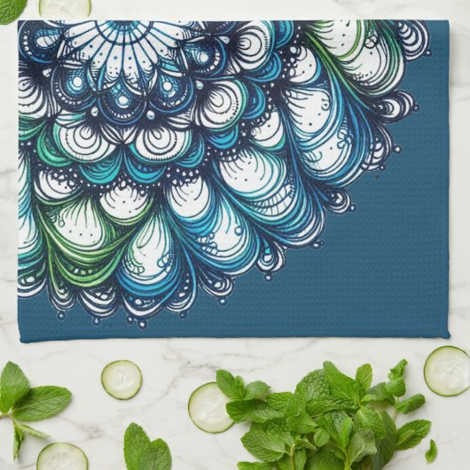 Blauw groen medaillon - Abstract Theedoek (Gevouwen)