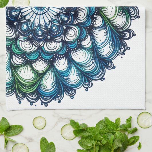 Blauw groen medaillon - Abstract Theedoek (Gevouwen)