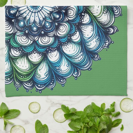 Blauw groen medaillon - Abstract Theedoek (Gevouwen)