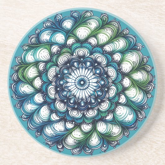 Blauw groen medaillon - Abstract Zandsteen Onderzetter (Voorkant)