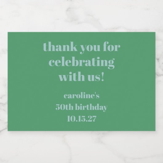 Blauw Groen Moderne Douane 50e Verjaardag Dank u Sparkling Wijnetiket (Enkel label)