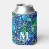 Blauw Groen Mousserend Glas Pareltjes Monogrammed Blikjeskoeler (Blikje Voorkant)