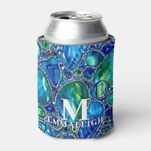 Blauw Groen Mousserend Glas Pareltjes Monogrammed Blikjeskoeler (Blikje Voorkant)