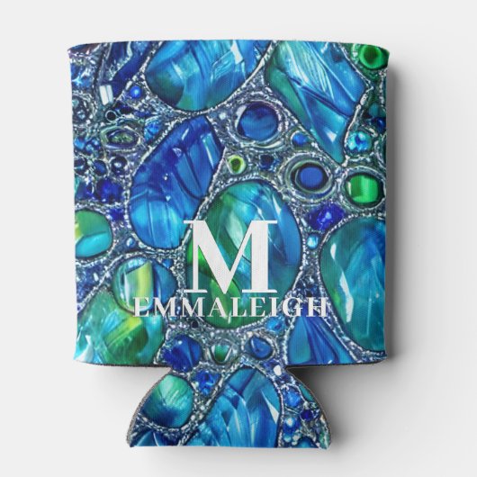 Blauw Groen Mousserend Glas Pareltjes Monogrammed Blikjeskoeler (Achterkant)