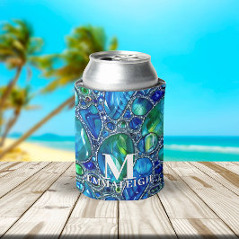 Blauw Groen Mousserend Glas Pareltjes Monogrammed Blikjeskoeler