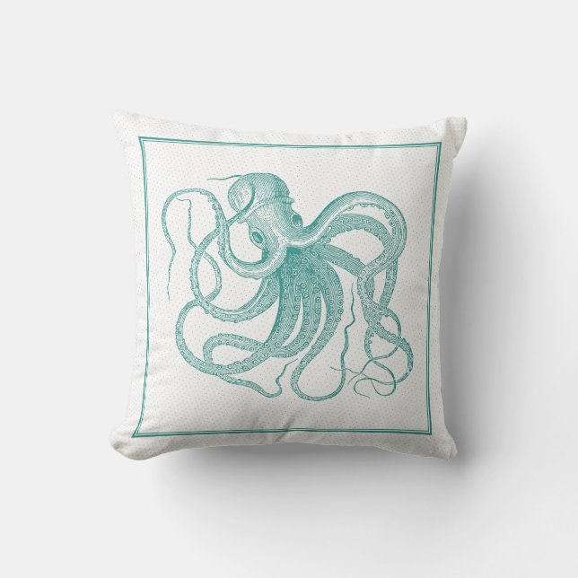 Blauw-groen Nautische Octopus  Ontwerp Kussen (Voorkant)