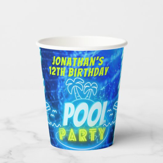 Blauw Groen Neon Gloeiende Jongens Verjaardag Pool Papieren Bekers (Achterkant)