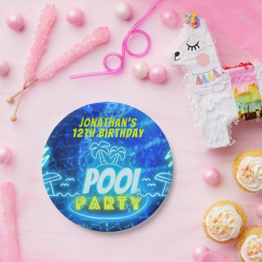 Blauw Groen Neon Gloeiende Jongens Verjaardag Pool Papieren Bordje (Feest)