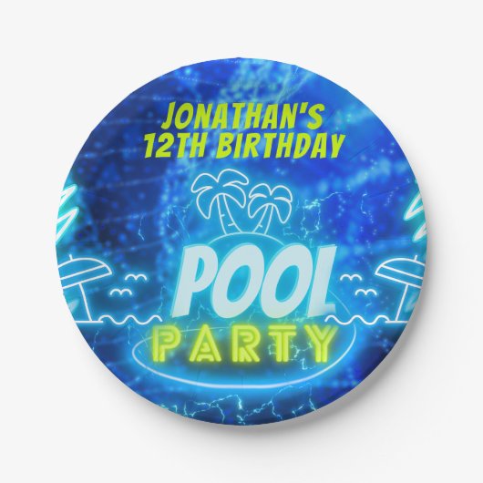 Blauw Groen Neon Gloeiende Jongens Verjaardag Pool Papieren Bordje (Voorkant)