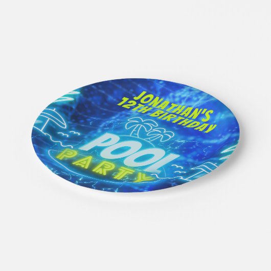 Blauw Groen Neon Gloeiende Jongens Verjaardag Pool Papieren Bordje (Gekanteld)
