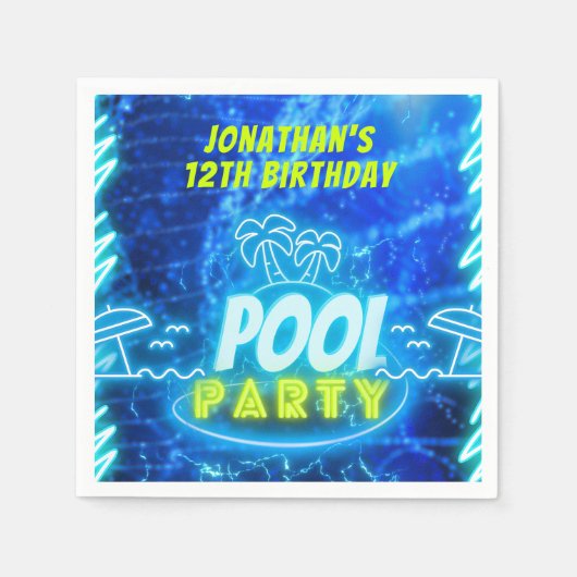 Blauw Groen Neon Gloeiende Jongens Verjaardag Pool Servet (Voorkant)