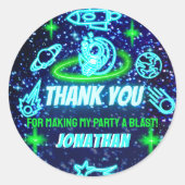 Blauw Groen Neon Gloeiende Ruimte Astronaut Dank u Ronde Sticker (Voorkant)
