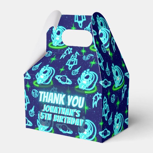 Blauw Groen Neon Gloeiende Ruimte Astronaut Rakett Bedankdoosjes (Voorkant Zijde)