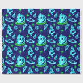 Blauw Groen Neon Gloeiende Ruimte Astronaut Rakett Cadeaupapier (Vlak)