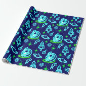 Blauw Groen Neon Gloeiende Ruimte Astronaut Rakett Cadeaupapier (Uitgerold)