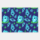 Blauw Groen Neon Gloeiende Ruimte Astronaut Rakett Inpakpapier Vel (Voorkant)