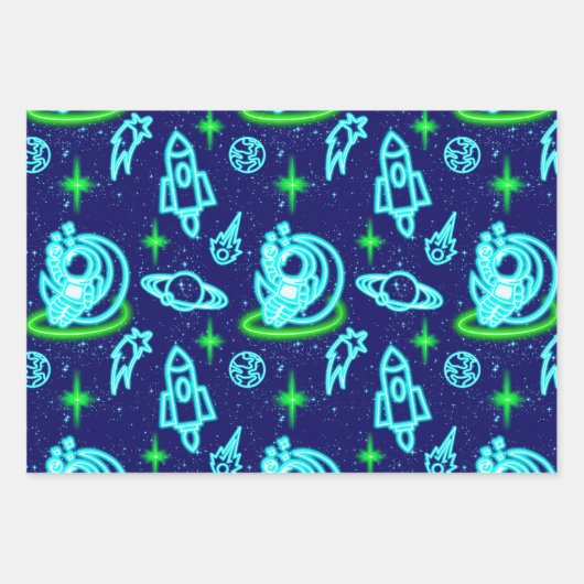 Blauw Groen Neon Gloeiende Ruimte Astronaut Rakett Inpakpapier Vel (Voorkant)