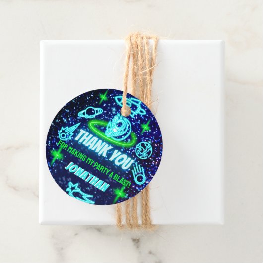 Blauw Groen Neon Gloeiende Ruimte Planeten Dank u Bedankjes Labels (In situ)