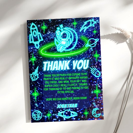 Blauw Groen Neon Gloeiende Ruimte Planeten Jongens Bedankkaart