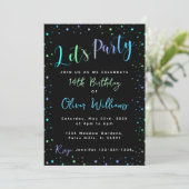 Blauw groen neon verjaardag jongen uitnodiging (Staand voorkant)