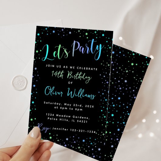 Blauw groen neon verjaardag jongen uitnodiging