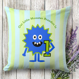 Blauw Groen Onze Kleine Monster Jongen 1e Verjaard Kussen